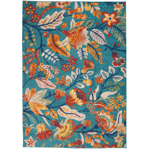 Bungalow Rose Machine Woven Performance Turquoise Blue/Orange/Red Rug